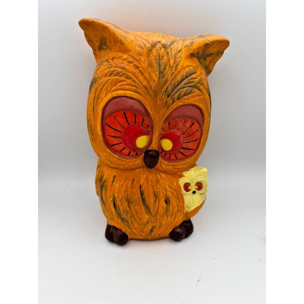 Vintage 1974 Large Owl With Baby Figurine Signed RZ Hand Painted Folk Art 10"